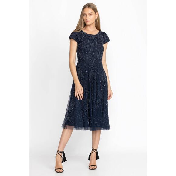 NWT Designer Johnny Was Navy Paisley Beaded Mesh Party Dress Size 2 - Picture 3 of 5